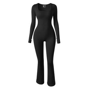 OOO Women Black Ribbed Yoga Jumpsuit Long Sleeve‎ Bell Bottom Flare Exercise